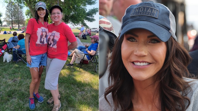 Split image of Kristi Noem wearing blue star-print shoes and blue Indian Motorcycle hat