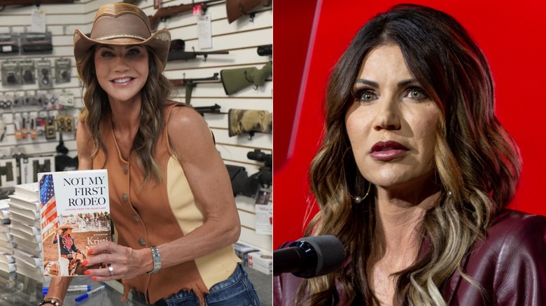 Split image of Kristi Noem wearing tan cowboy hat and wearing hoop earrings at the 2022 NRA convention