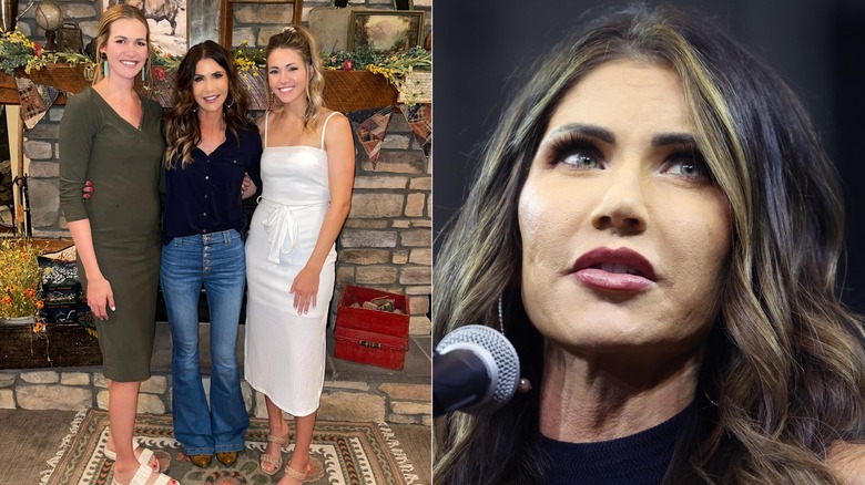 Split image of Kristi Noem wearing flared jeans and black shirt and with thick false eyelashes