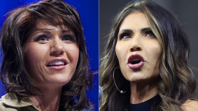 Two photographs of Kristi Noem showing her face before and after plastic surgery