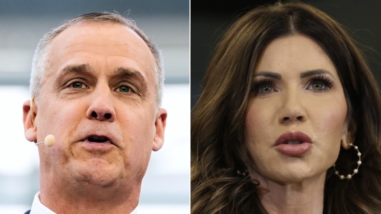 Split image of Corey Lewandowski and Kristi Noem speaking
