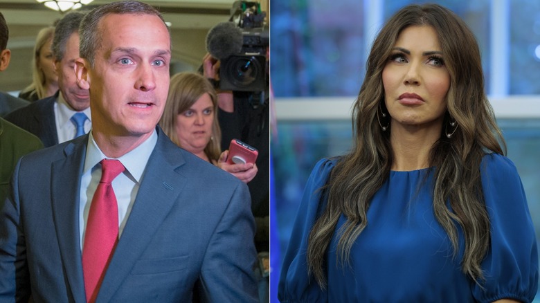 Corey Lewandowkski at a hearing in Washington, D.C. in 2018 (left), and US Secretary of Homeland Security Kristi Noem (right).