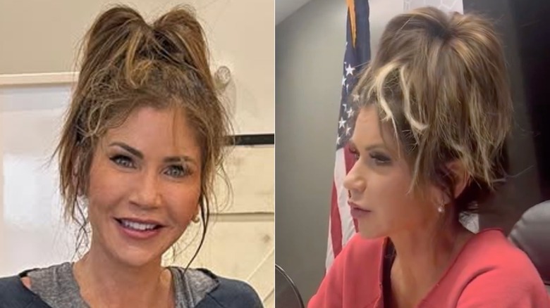Side-by-side photos of Kristi Noem with messy hair
