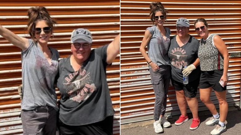 Kristi Noem smiling in a gray shirt and a pair of cargo pants next to two women.