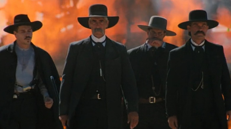 From left to right: Val Kilmer as Doc Holliday, Sam Elliot as Virgil Earp, Bill Paxton as Morgan Earp, and Kurt Russell as Wyatt Earp in Tombstone.