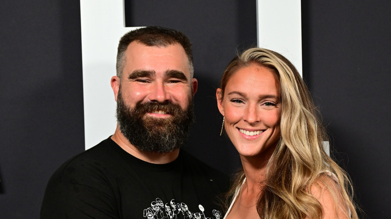 Jason Kelce and Kylie Kelce attending the premiere event of 2023's 