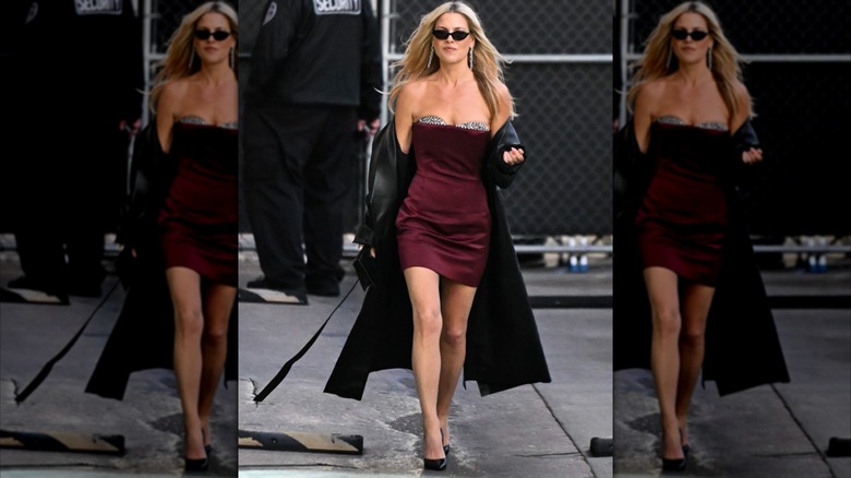 Ali Larter maroon mini dress, coat, sunglasses