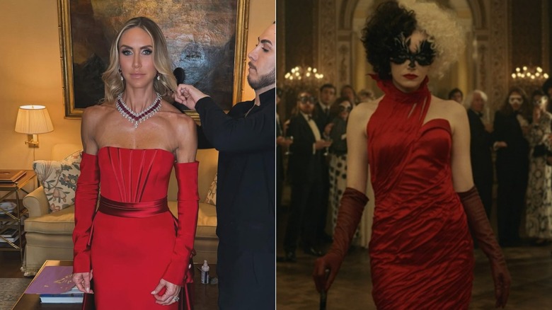Lara Trump wearing red inaugural ball gown, Emma Stone wearing a red dress in "Cruella"