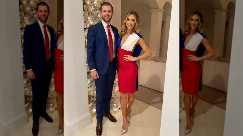Lara Trump wearing red, white, and blue dress and posing with Eric Trump