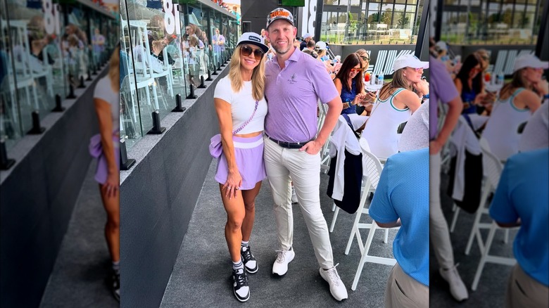 Lara Trump wearing a lilac skirt and Eric Trump wearing lilac polo shirt
