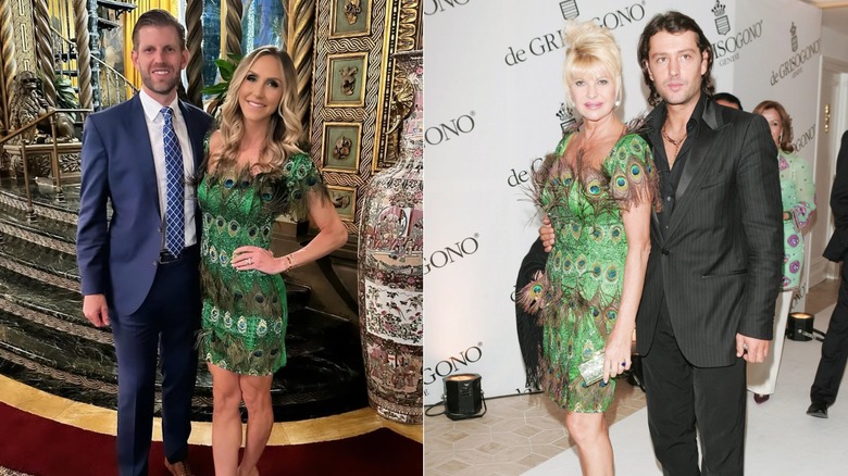 Split image of Lara Trump and Ivana Trump wearing peacock dresses and posing with their partners