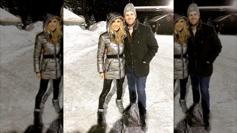 Lara Trump and Eric Trump wearing ice skates and posing in snow