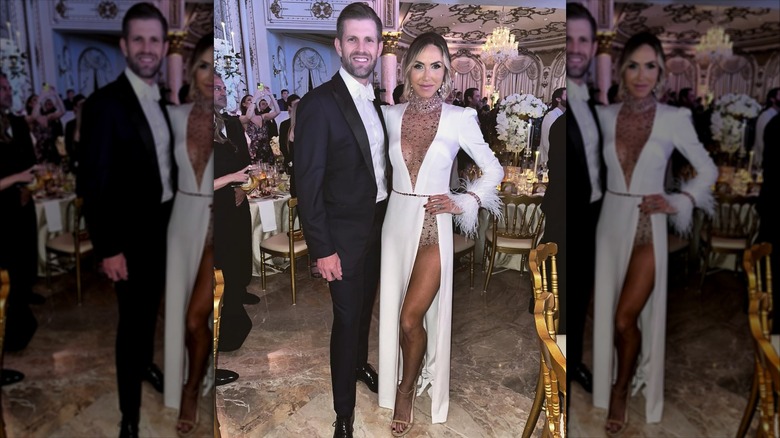Lara Trump wearing a white dress and sheer beaded bodysuit at Mar-a-Lago New Year's Eve party with Eric Trump