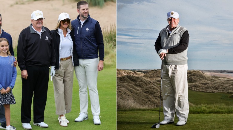 Split image of Donald Trump, Lara Trump, and Eric Trump at Trump International Golf Links and solo shot of Donald Trump with golf club
