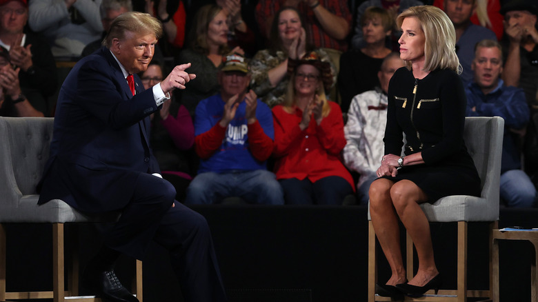 Donald Trump pointing with Laura Ingraham 2024 town hall