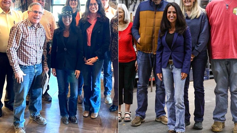 spilt screen of Lauren Boebert smiling and wearing jeans