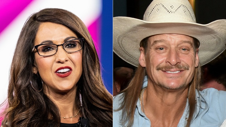 Split image of Lauren Boebert smiling in dark red lipstick & Kid Rock smiling in a cowboy hat