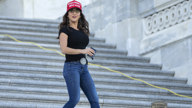 Lauren Boebert wearing a red MAGA hat