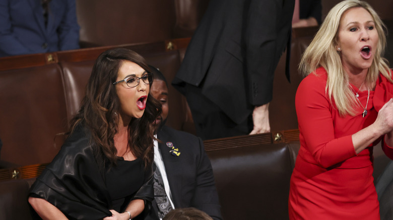 Lauren Boebert and Marjorie Taylor Greene shouting at President Joe Biden