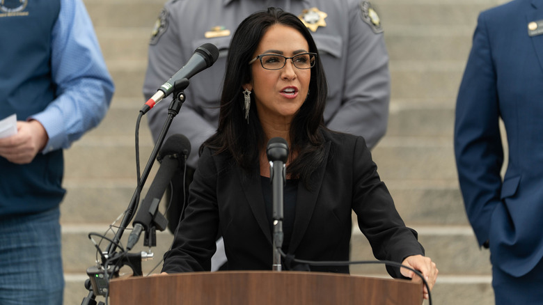 Lauren Boebert speaking at an event at the Colorado capitol
