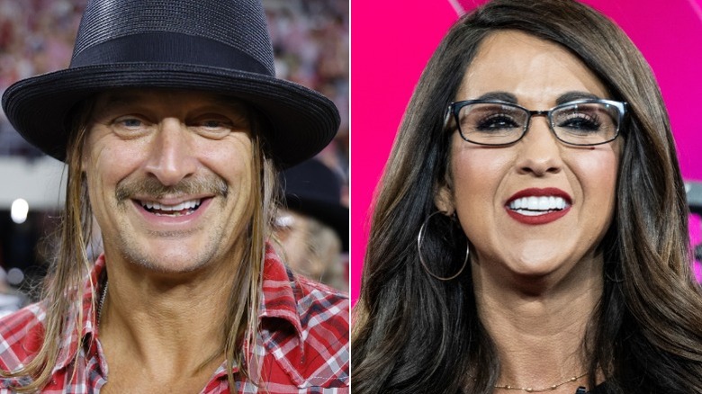 A split image of Lauren Boebert and Kid Rock smiling