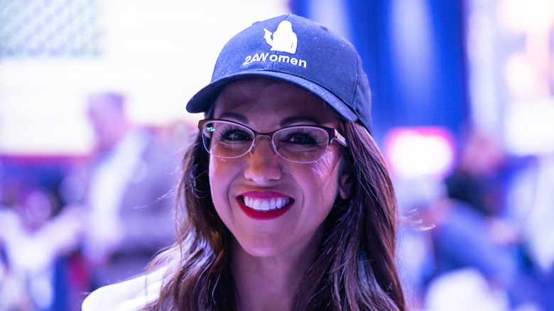 Lauren Boebert smiling wearing a pro-2nd Amendment hat