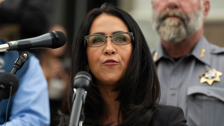 Lauren Boebert speaks to reporters during a news conference at the Colorado Capitol (2025)