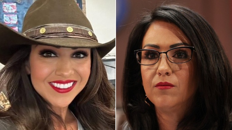 Side-by-side photos of Lauren Boebert with and without glasses