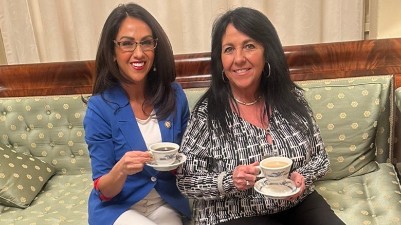 Colorado representative Lauren Boebert and Shawna Bentz drinking tea