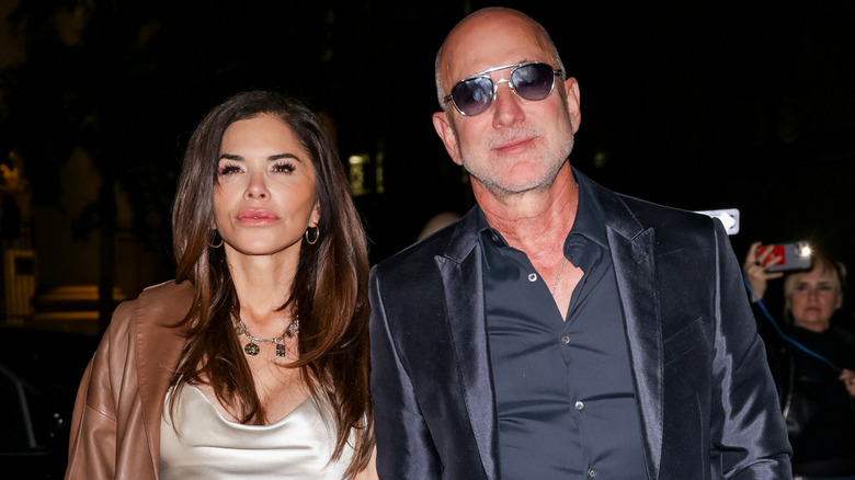 Lauren Sanchez leather jacket Jeff Bezos satin blazer