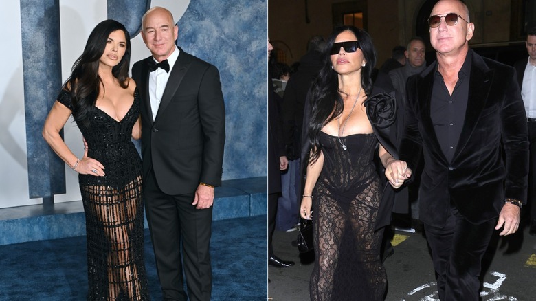 Split image of Lauren Sánchez (L) and Jeff Bezos (R) attending the 2023 Vanity Fair Oscar Party & Sánchez and Bezos holding hands at Milan Fashion Week in January 2024