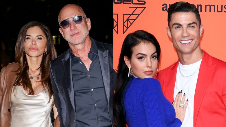 Side-by-side photos of Lauren Sánchez and Jeff Bezos & Cristiano Ronaldo and Georgina Rodriguez
