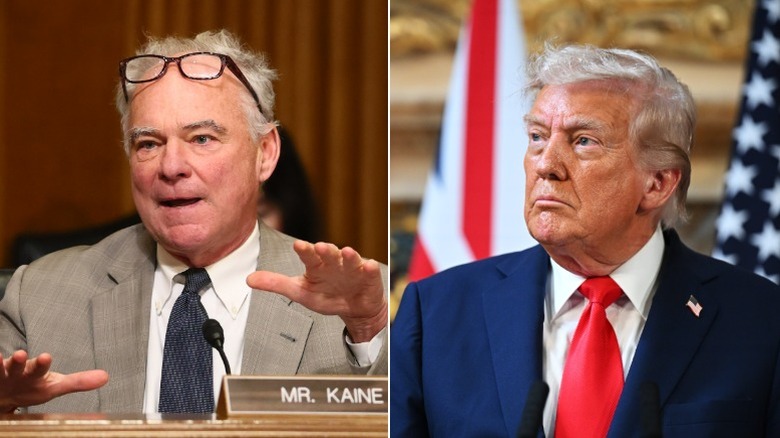 Split image of Tim Kaine speaking and Donald Trump looking sideways