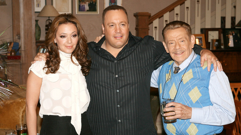 Leah Remini, Kevin James, and Jerry Stiller on the set of "The King of Queens"