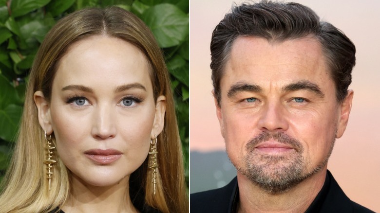 Jennifer Lawrence and Leonardo DiCaprio posing in split image