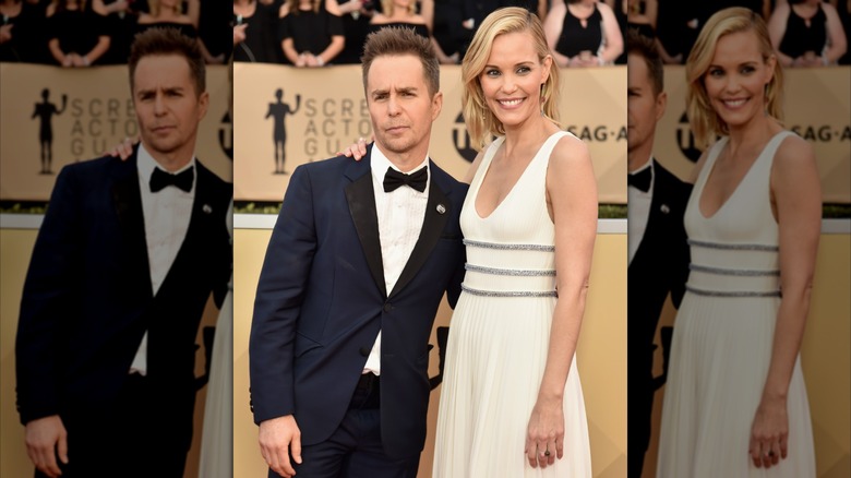 Leslie Bibb in white and silver gown and Sam Rockwell in black tux at SAG Awards