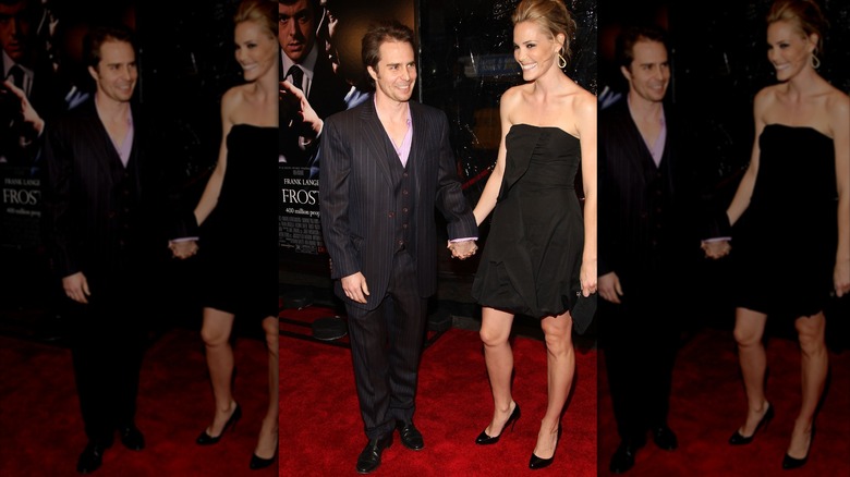 Leslie Bibb in black strapless minidress and Sam Rockwell in black suit at one of their first red carpet outings