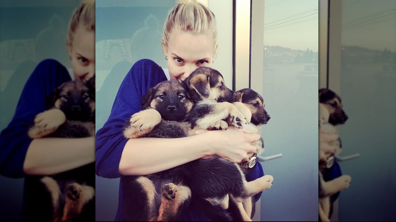Leslie Bibb in blue shirt holding puppies
