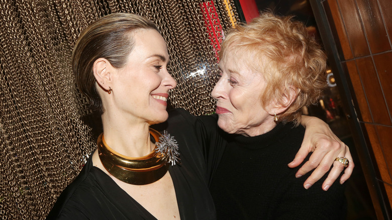 Sarah Paulson and Holland Taylor pose at the opening night after party for the Second Stage Theater play "Appropriate" on Broadway at The Yard House Times Square on December 18, 2023 in New York City.