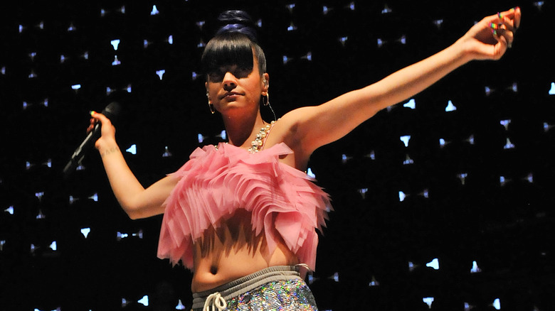 Lily Allen dancing during a Shepherd's Bush Empire performance in 2014