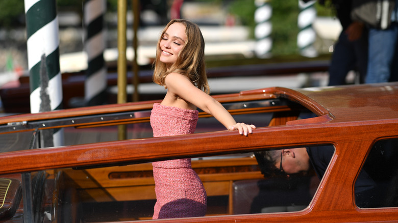 Lily-Rose Depp arriving at the 2019 Venice Film Festival on a yacht