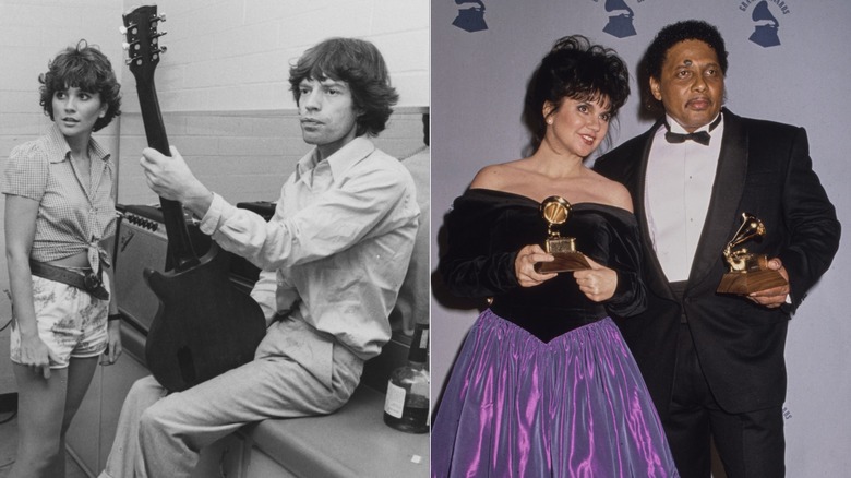 Split image of Linda Ronstadt in shorts standing next to Mick Jagger holding a guitar on the left and holding an award posing with Aaron Neville at an awards show on the right.