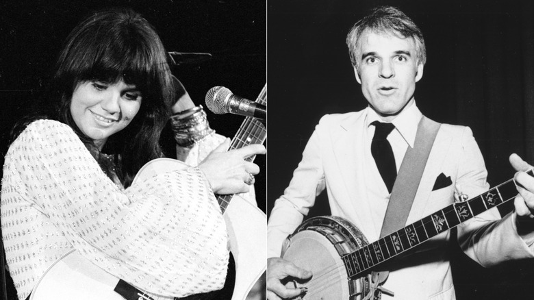 Split of Linda Ronstadt holding a guitar on stage circa 1970 on the left and Steve Martin playing the banjo on the right.