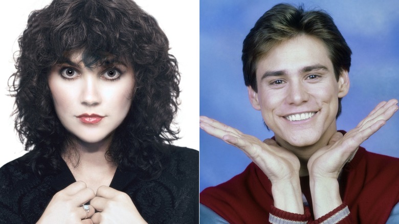 Split image of Linda Ronstadt in a black top in 1984 on the left and Jim Carrey in a promo for "Once Bitten" on the right.