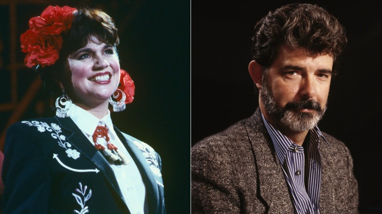 Split image of Linda Ronstadt with roses in her hair on the left and George Lucas in a serious portrait in 1988 on the right.
