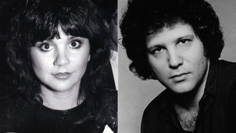 Split of Linda Ronstadt with wide eyes on the left and Albert Brooks with a serious expression circa 1975 on the right.