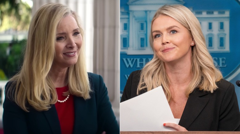 Composit image of Lisa Kudrow's "Death to 2020" character and White House Press Secretary Karoline Leavitt