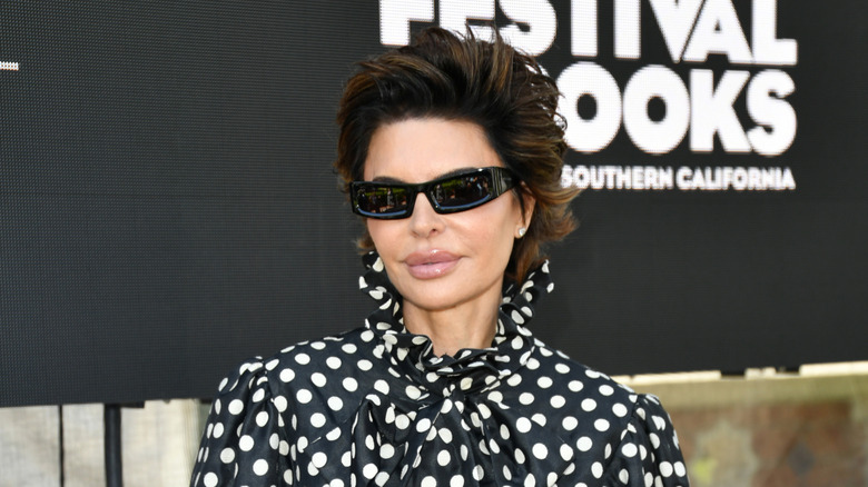 Lisa Rinna black and white polka dot top and sunglasses
