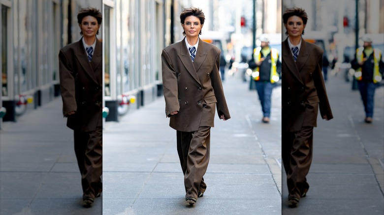 Lisa Rinna in an oversized brown suit on a New York street