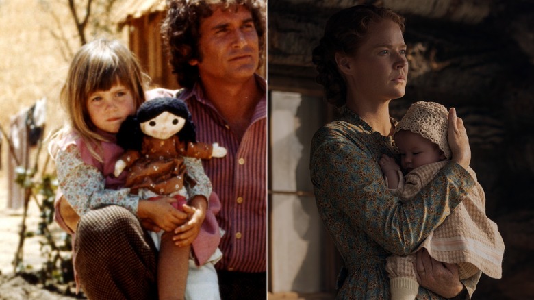 Carrie Ingalls holding a doll in the 1970s version & Caroline Ingalls holding Carrie in the Neflix show